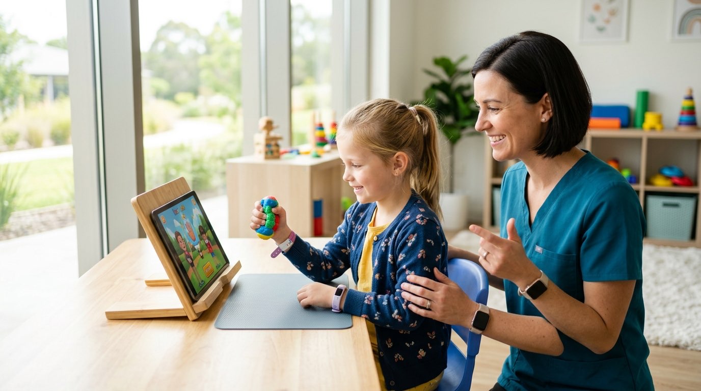 Therapist and child using GripAble SqueezAble device during a rehabilitation session