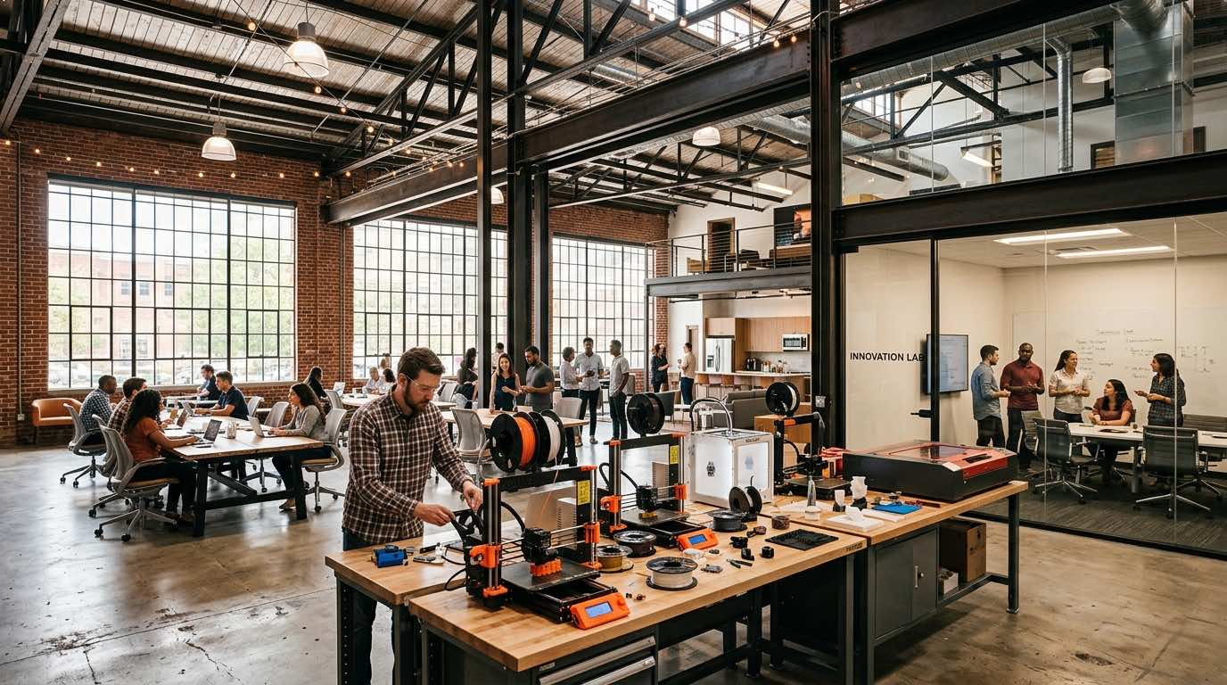 Plus X Innovation hub interior with hardware prototyping facilities