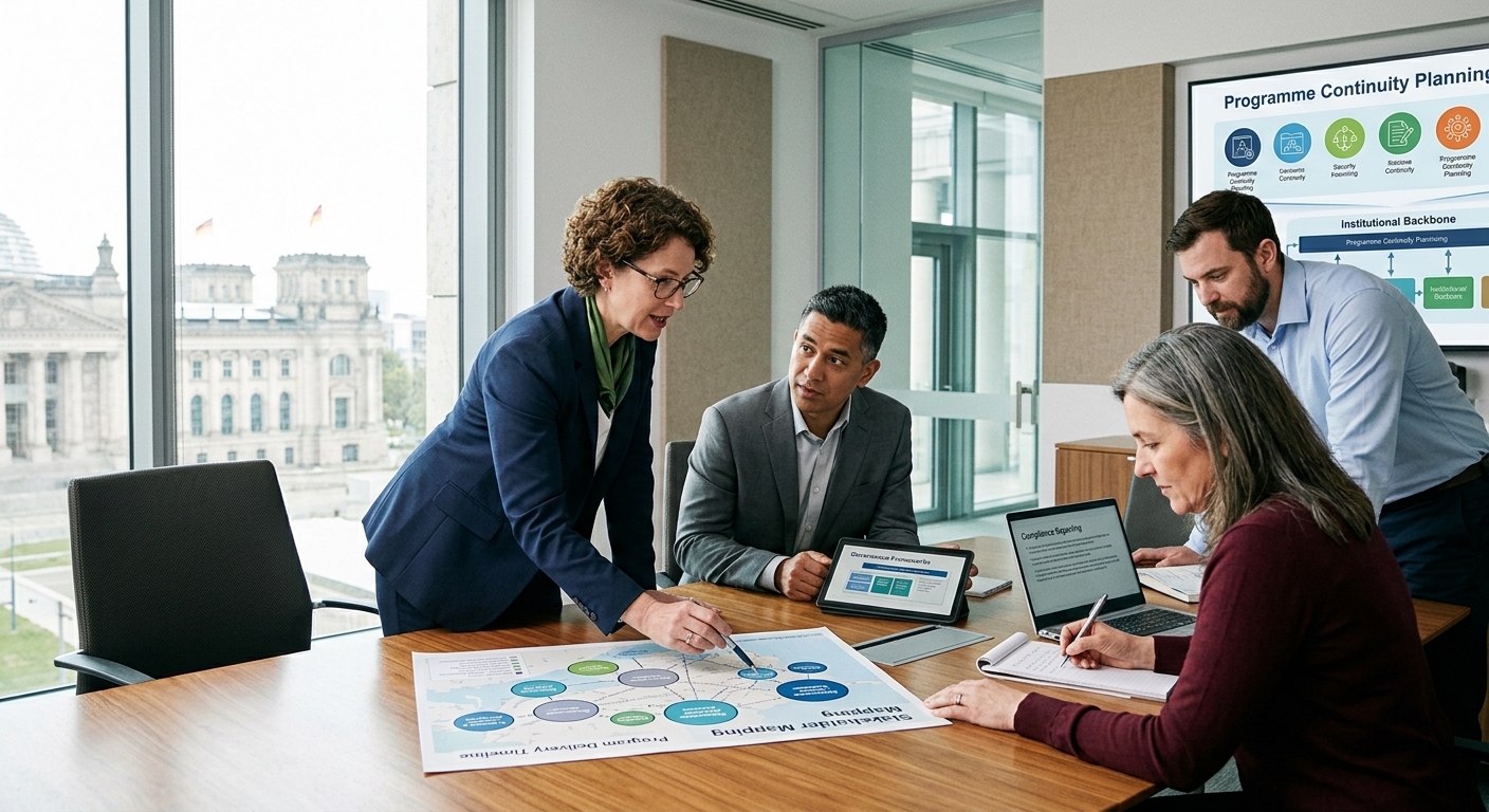 Overhead view of collaborative planning session with documents, charts, and blueprints